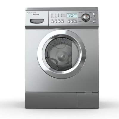 front loading washing machine in a matte silver finish